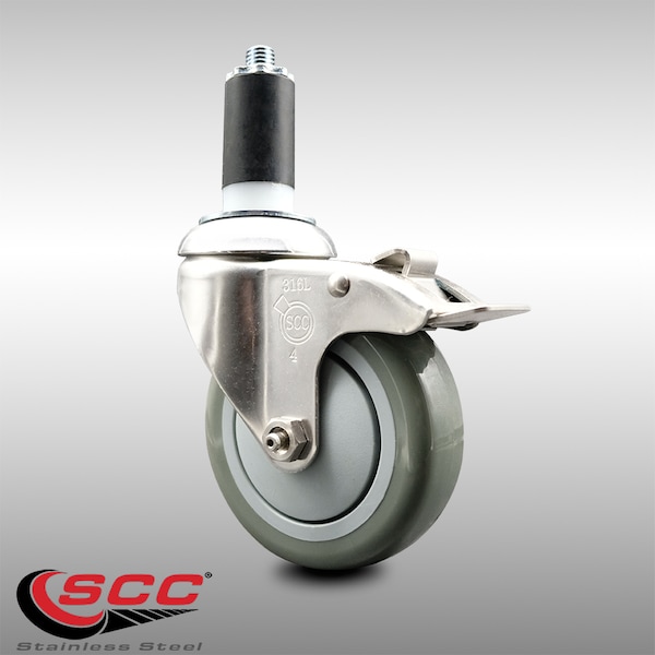 4 Inch 316SS Gray Poly Swivel 1-3/8 Inch Expanding Stem Caster Lock Brake SCC